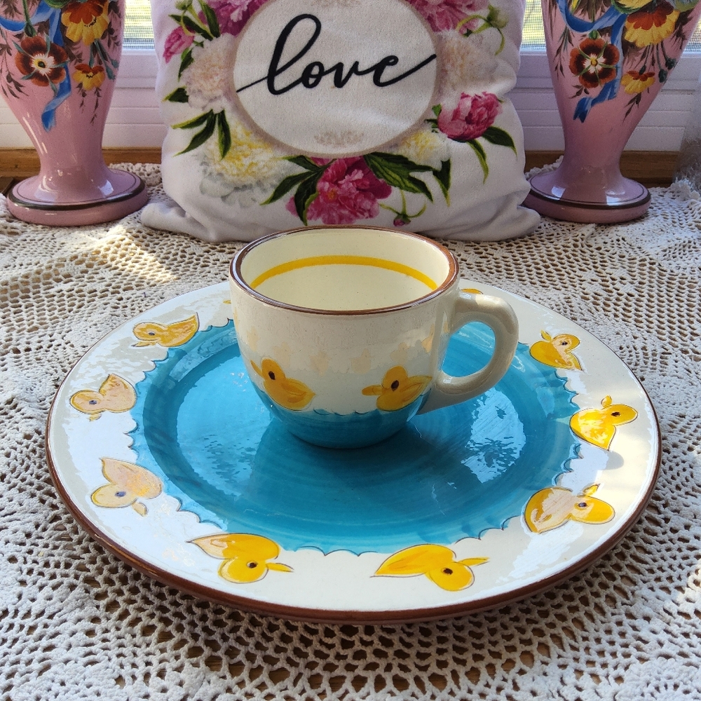 Stangl Pottery Little Quackers Two Piece Set. Dinner Plate And Cup, 1950's VTG